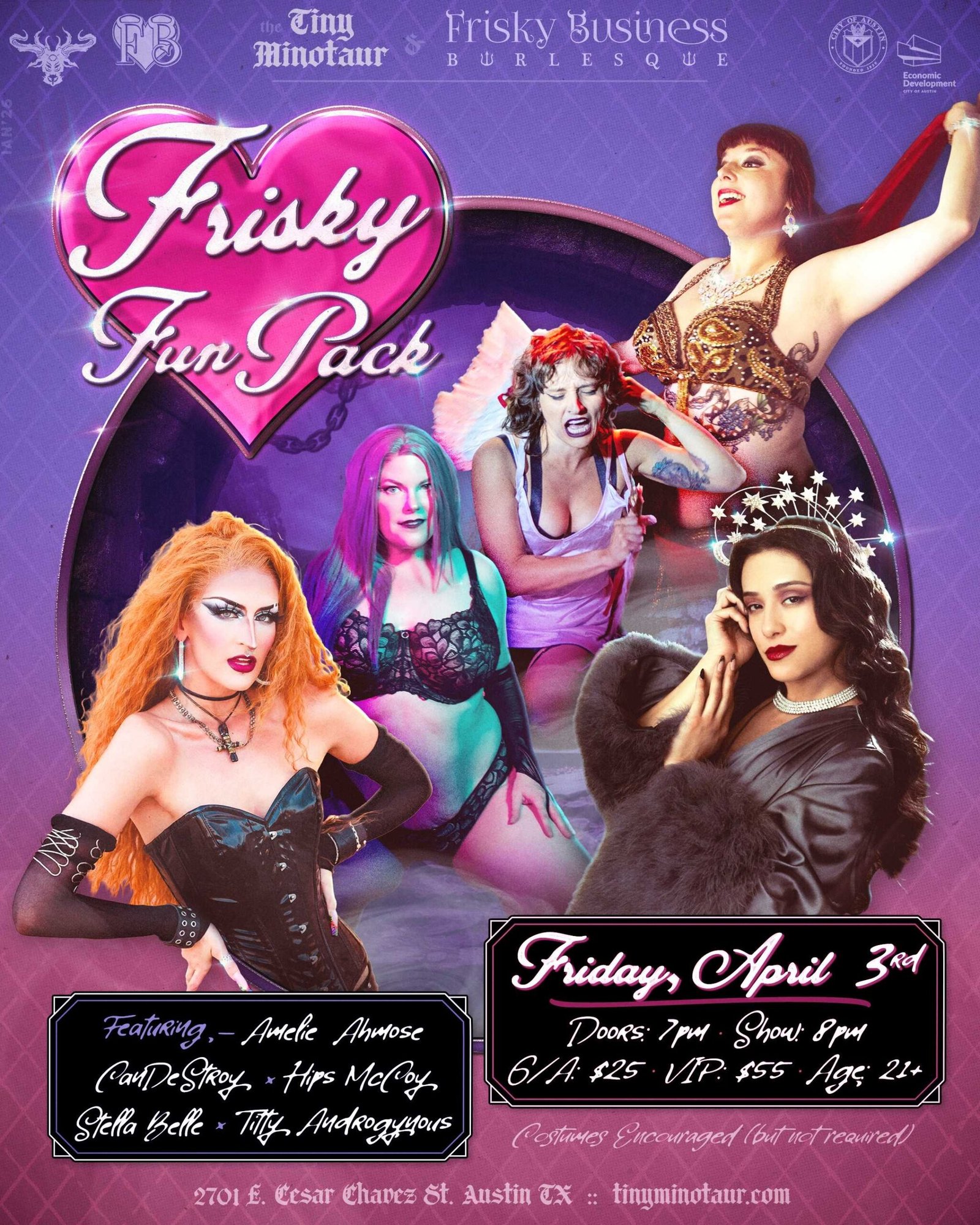 Poster for Frisky Business Burlesque show at Tiny Minotaur Austin